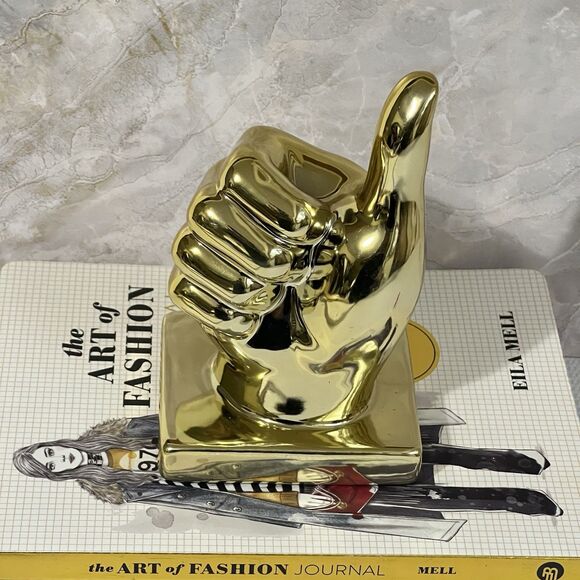 Ceramic Thumbs Up Sign Hand Sculpture Figurine Metallic Gold Tone Figural Decor - Picture 15 of 15